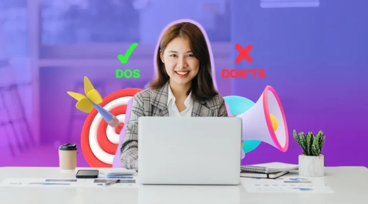 A smiling woman works on a laptop, with a "Dos" checkmark and a target behind her and a "Don'ts" cross with a megaphone.