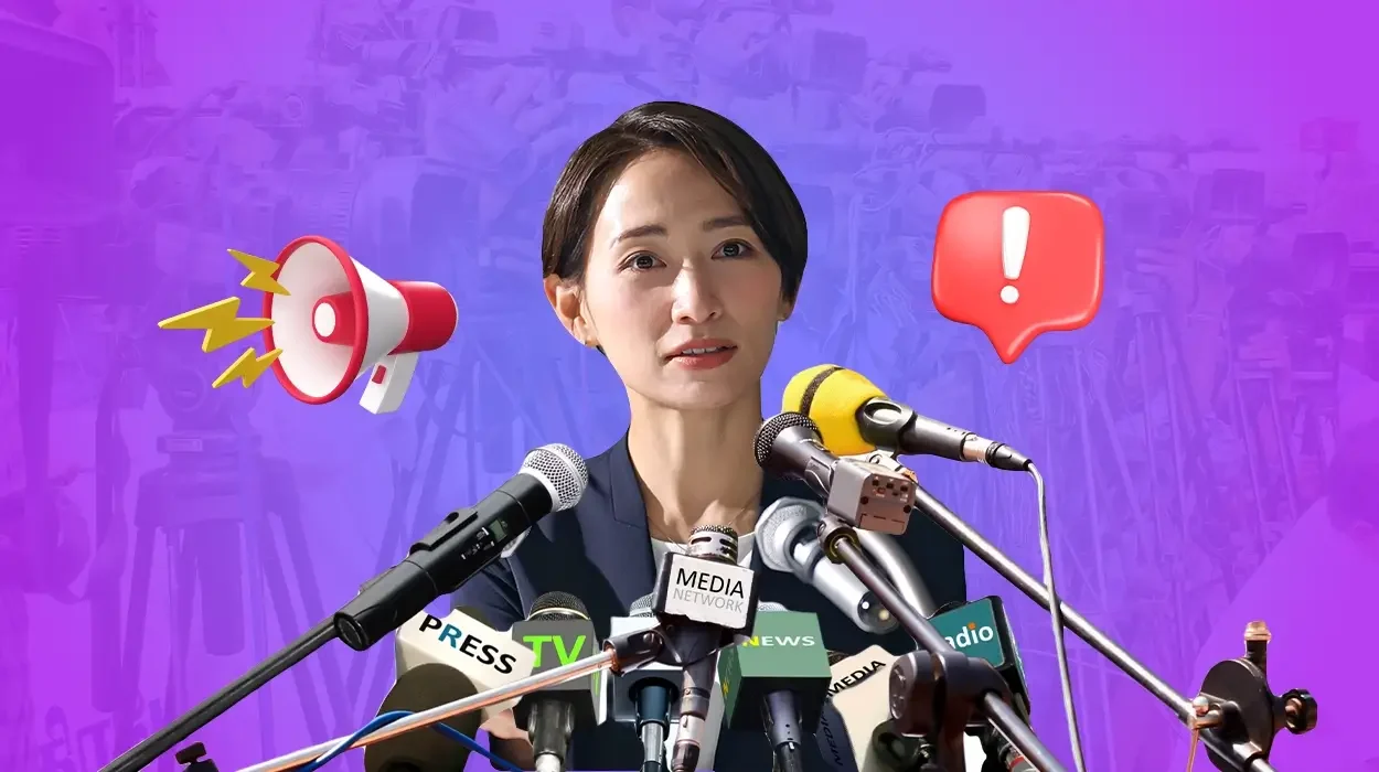 A PR professional speaks at a press conference, surrounded by microphones, with a megaphone and exclamation icon, symbolizing crisis communication.