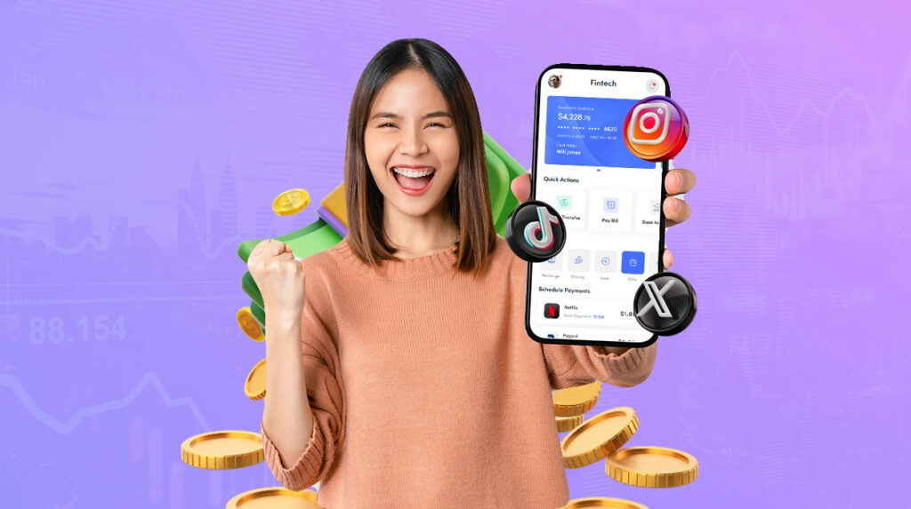A smiling woman holds a smartphone showing a fintech app, surrounded by social media icons (Instagram, TikTok, X) and floating gold coins against a purple background.