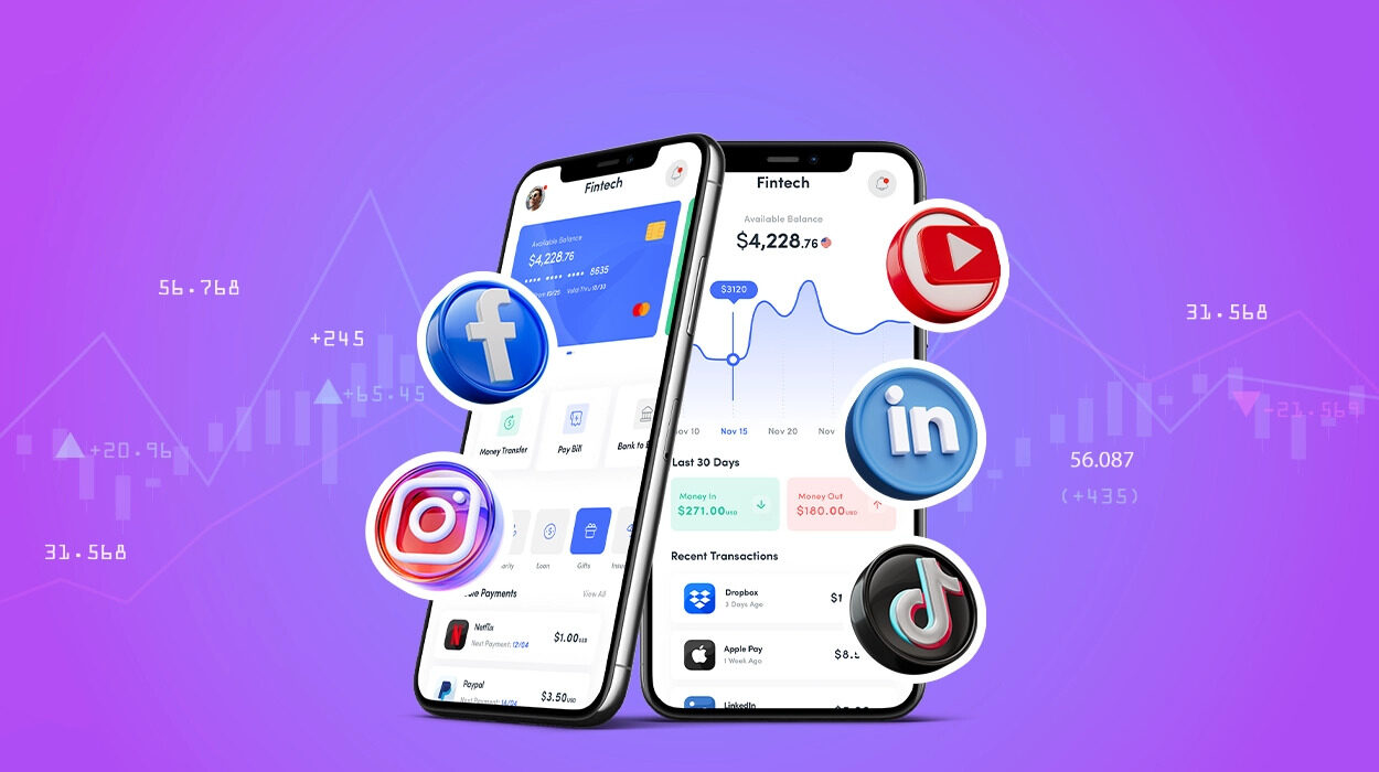 Two smartphones display a fintech app with balance and transaction data. Surrounding them are 3D icons of Facebook, Instagram, LinkedIn, YouTube, and TikTok. The background features a purple gradient with financial graphs.