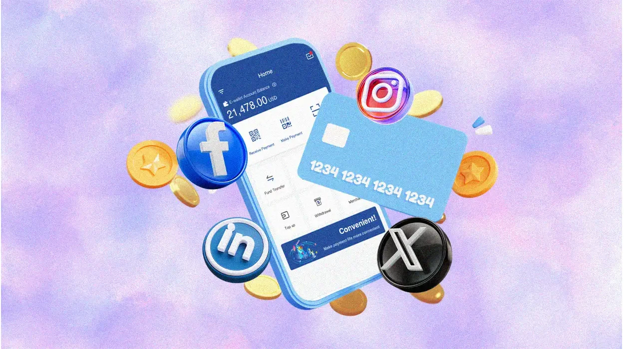 A digital illustration of Fintech Content Marketing, featuring a smartphone e-wallet, a blue credit card, gold coins, and social media icons (Facebook, Instagram, LinkedIn, X) against a pastel gradient background.