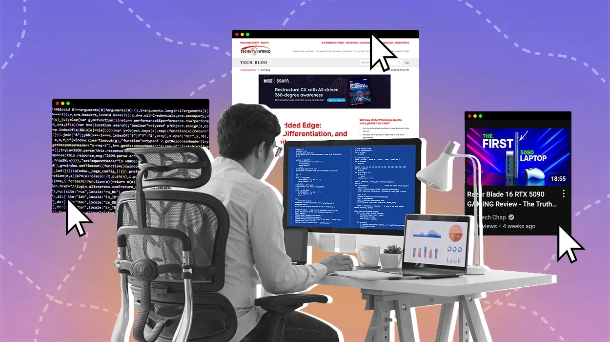 Person at desk with multiple screens showing tech content - code, analytics, and a tech blog against a purple gradient background.