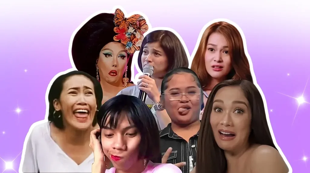 Funny and dramatic expressions from viral Filipino memes that became social media sensations, set against a purple gradient background.