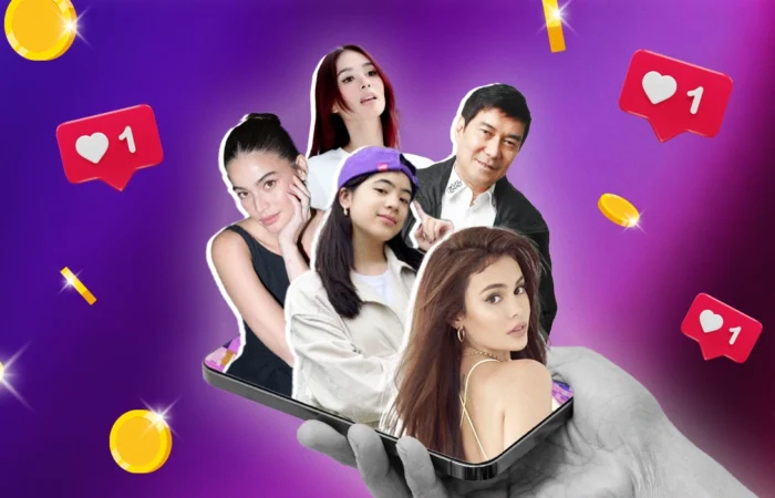 Richest Filipino influencers emerging from a smartphone with gold coins and like icons on a purple background