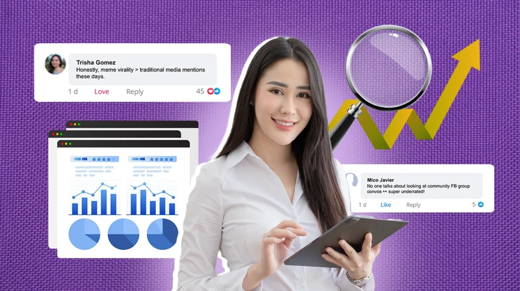 Woman with tablet surrounded by analytics displays, growth arrow, and social media comments on purple background.