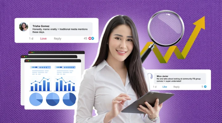 Woman with tablet surrounded by analytics displays, growth arrow, and social media comments on purple background.