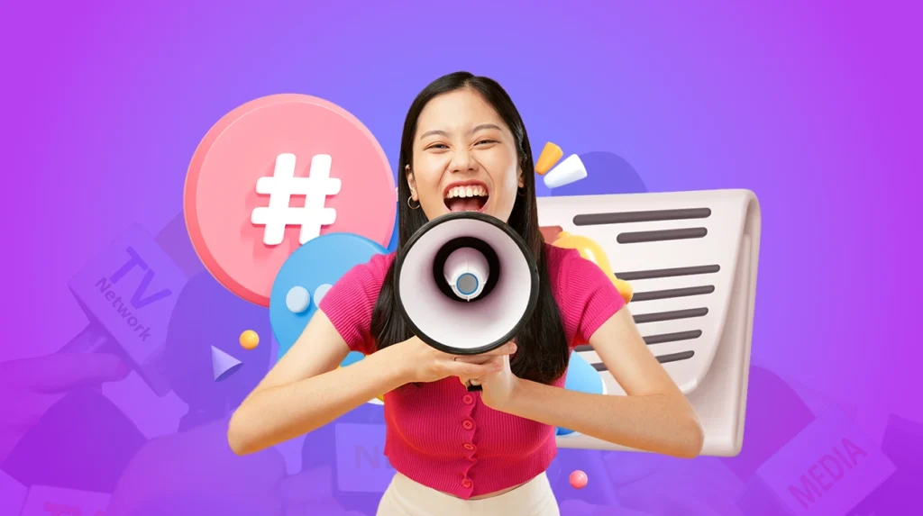 A PR specialist with a megaphone and PR elements.