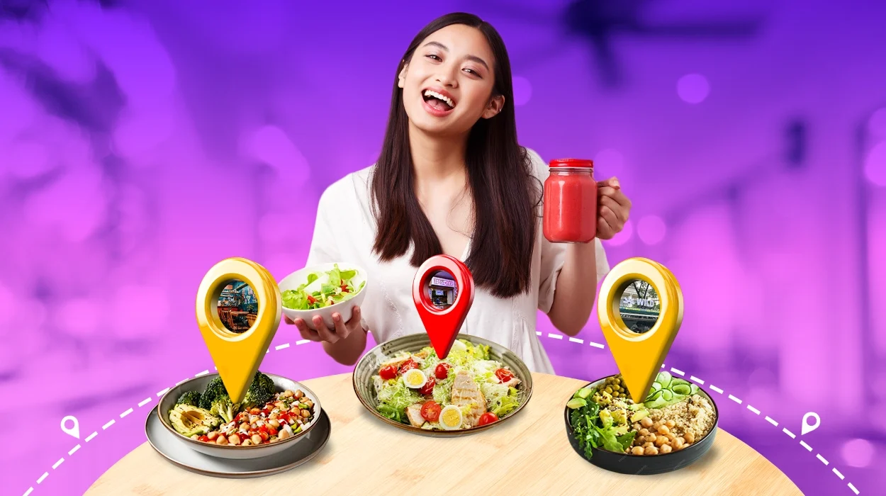 Woman with three vegan salad bowls marked with location pins on purple city background, showcasing vegan spots in Metro Manila.