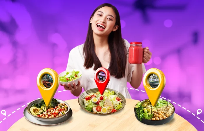 Woman with three vegan salad bowls marked with location pins on purple city background, showcasing vegan spots in Metro Manila.