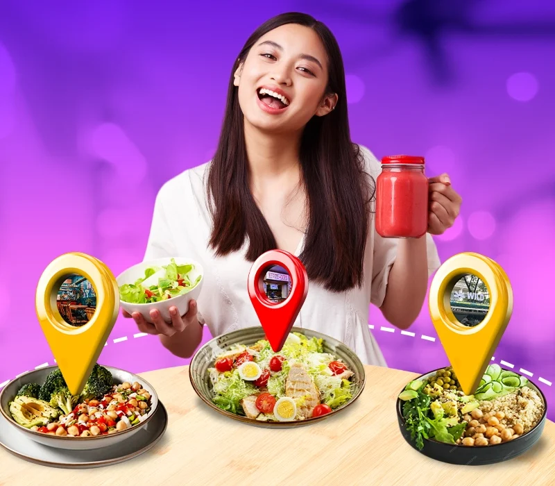 8 Best Vegan Spots in Metro Manila with Affordable Price Points - M2.0 Communications Inc. Woman with three vegan salad bowls marked with location pins on purple city background, showcasing vegan spots in Metro Manila.