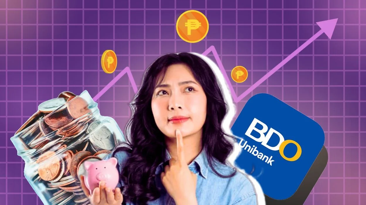 Woman contemplating finances with piggy bank, peso coins, and saving symbols. Purple background with rising graphs representing pinoy money hacks.