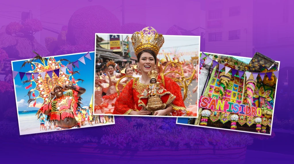 Collage of photographs of the different festivals in the Philippines against a purple background.