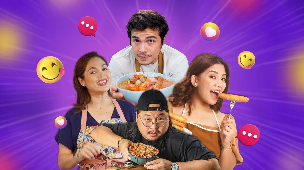 Filipino food influencers in aprons displaying various dishes against a purple emoji-decorated background.
