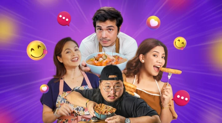 Filipino food influencers in aprons displaying various dishes against a purple emoji-decorated background.