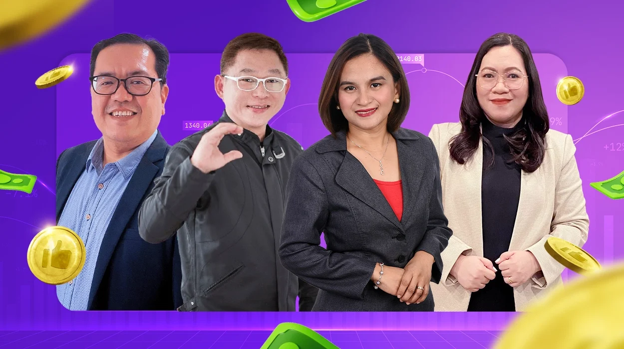 A collage of personal finance bloggers with money and saving symbols around them, against a purple background.