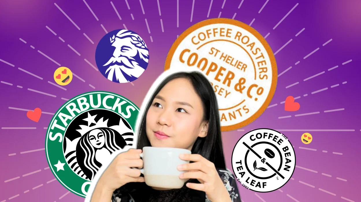 A person trying out coffee with the popular coffee shops’ logos in the background.
