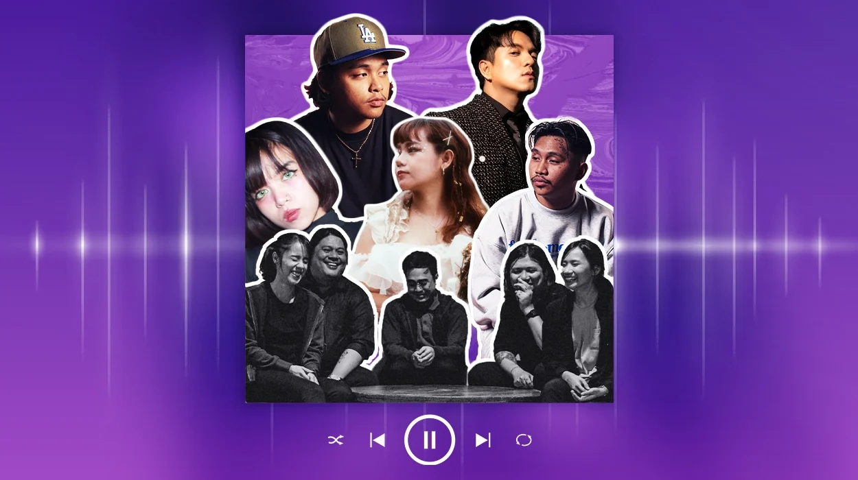 Collage of different indie artists in the Philippines with music player interface on purple background.