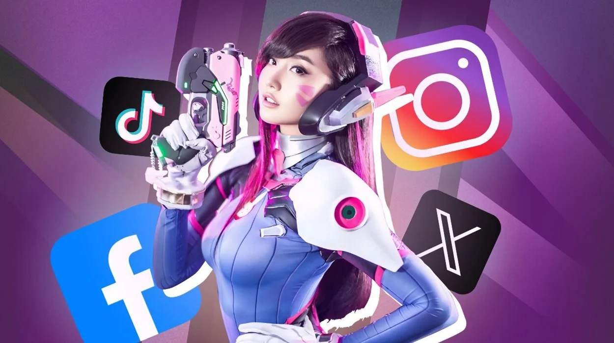 A cosplayer in a costume with social media icons behind them.