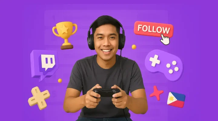 A gamer wearing a headset with the Twitch logo, follow button, leaderboard, and some gaming symbols.