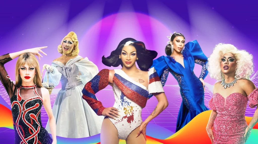 A collage of the featured Filipino drag queens against a purple background with rainbow tones around.