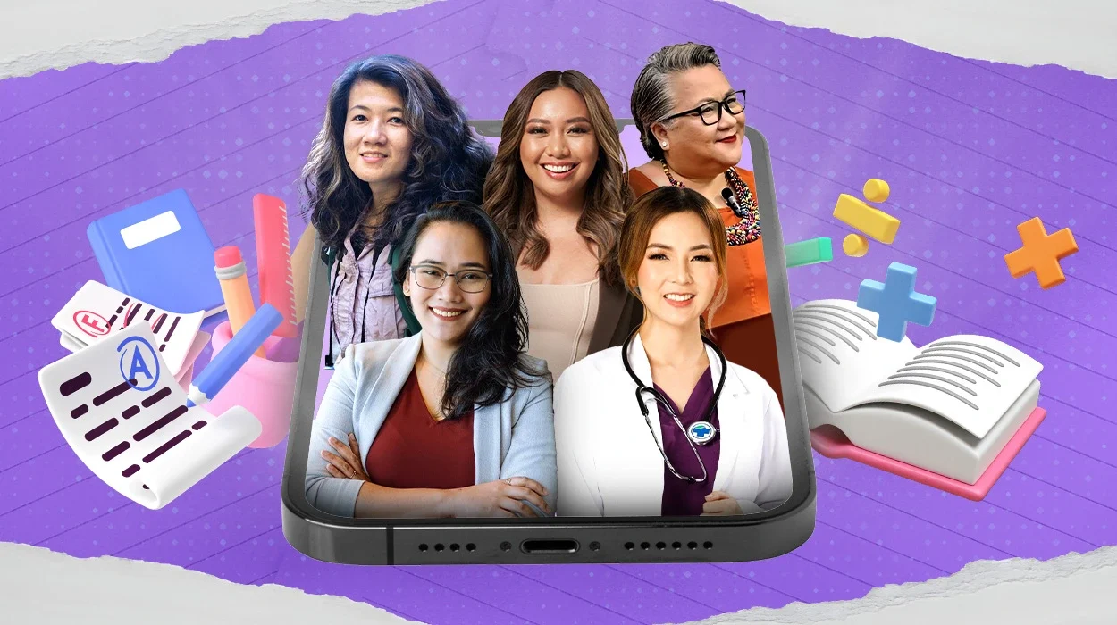Collage of Filipino TikTok educators inside a phone frame with educational elements around