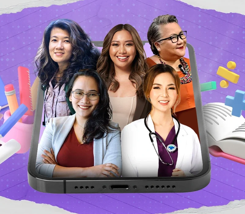 Filipino EduTok Stars Who Are Changing How We Learn - M2.0 Communications Inc. Collage of Filipino TikTok educators inside a phone frame with educational elements around