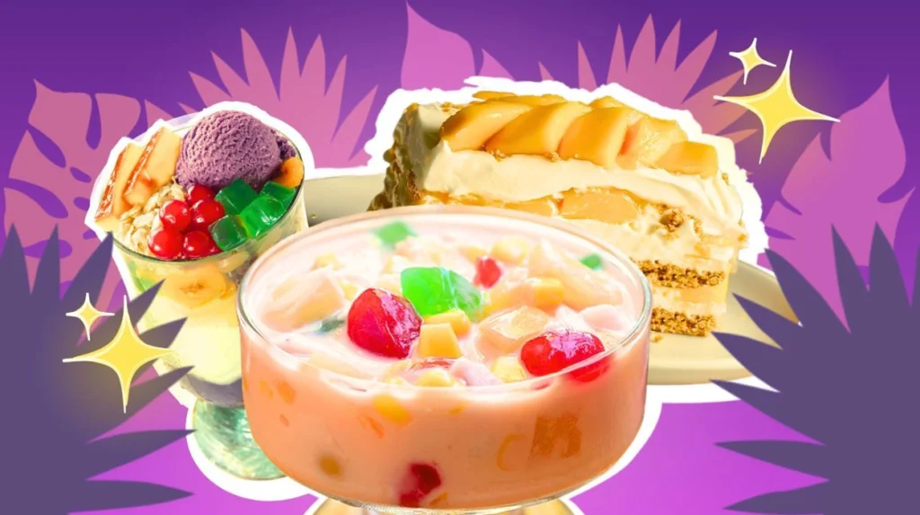 A collage of Filipino summer food with leaf symbols surrounding it.