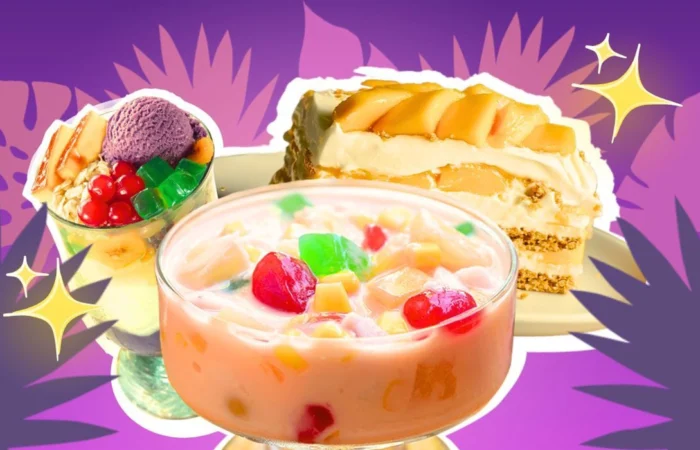 A collage of Filipino summer food with leaf symbols surrounding it.