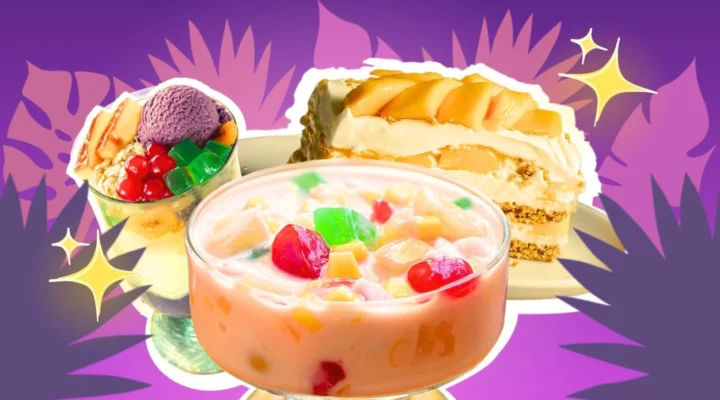 A collage of Filipino summer food with leaf symbols surrounding it.