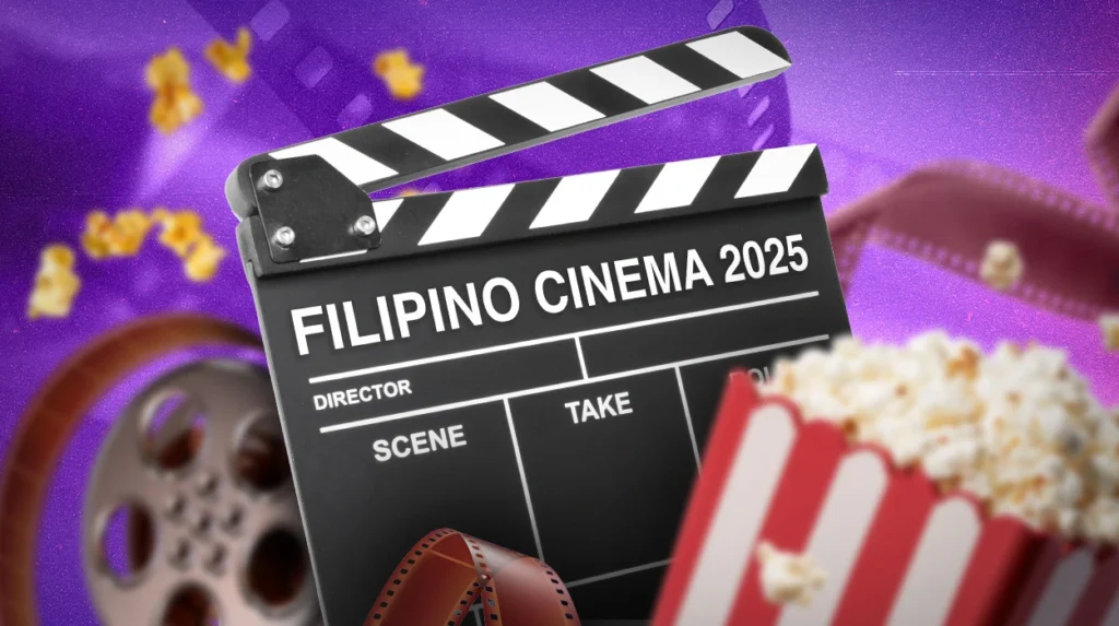 A clapperboard saying “Filipino Cinema 2025” with cinema icons around.