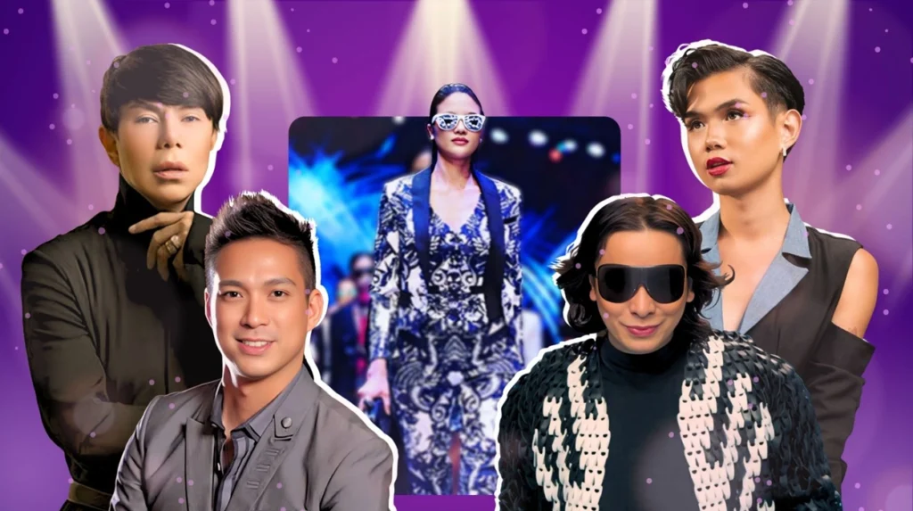 A collage of images of the featured male designers with a fashion show in the background.