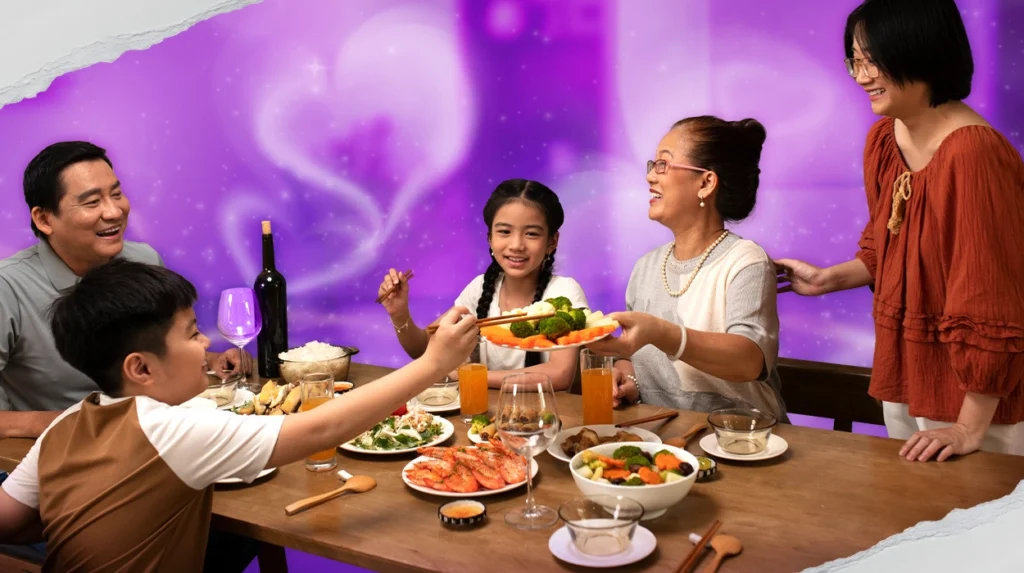 A Filipino family celebrating together while happily eating