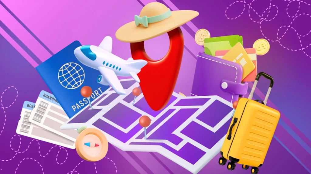 Symbol of a map in the middle, with other travel elements surrounding it (directions, etc.)