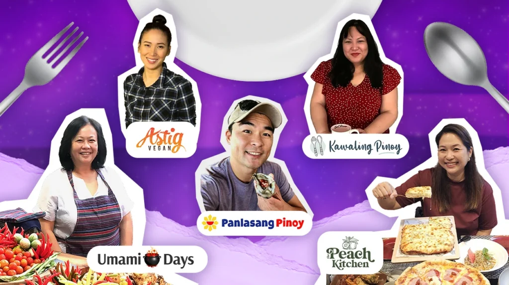 Filipino food blogger collage featuring five content creators from Astig Vegan, Kawaling Pinoy, Panlasang Pinoy, Umami Days, and The Peach Kitchen with cooking utensils on purple background.
