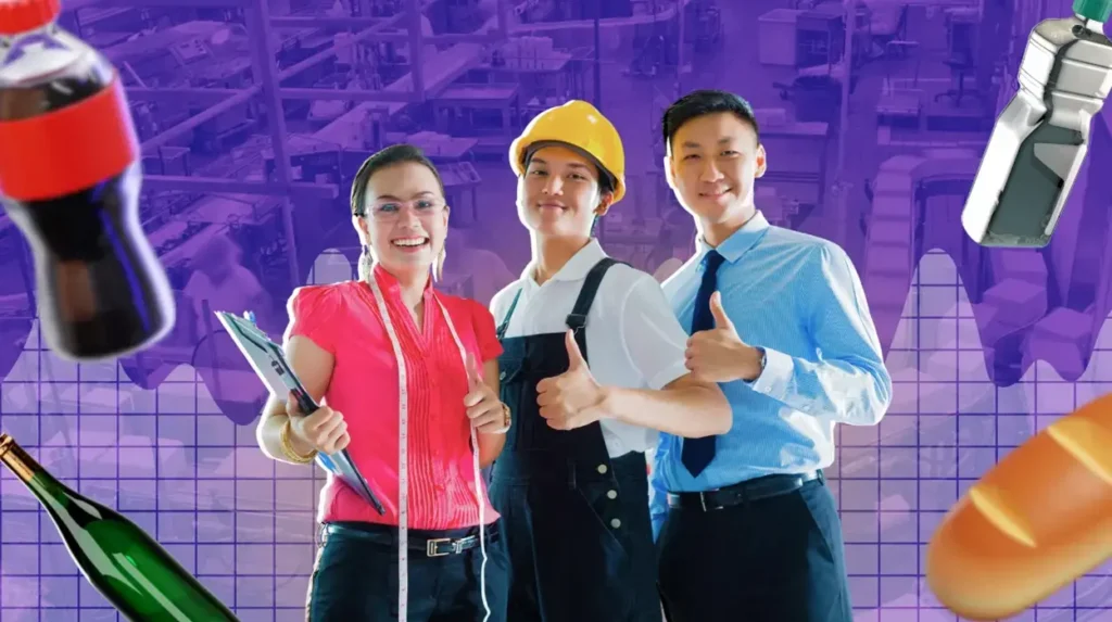 A group of workers in the food and beverage industry, with icons of major F&B products around.