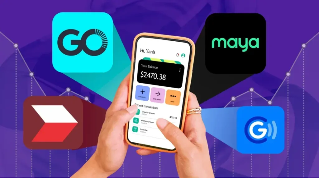 A smartphone accessing a digital bank, with logos of various digital banks around.
