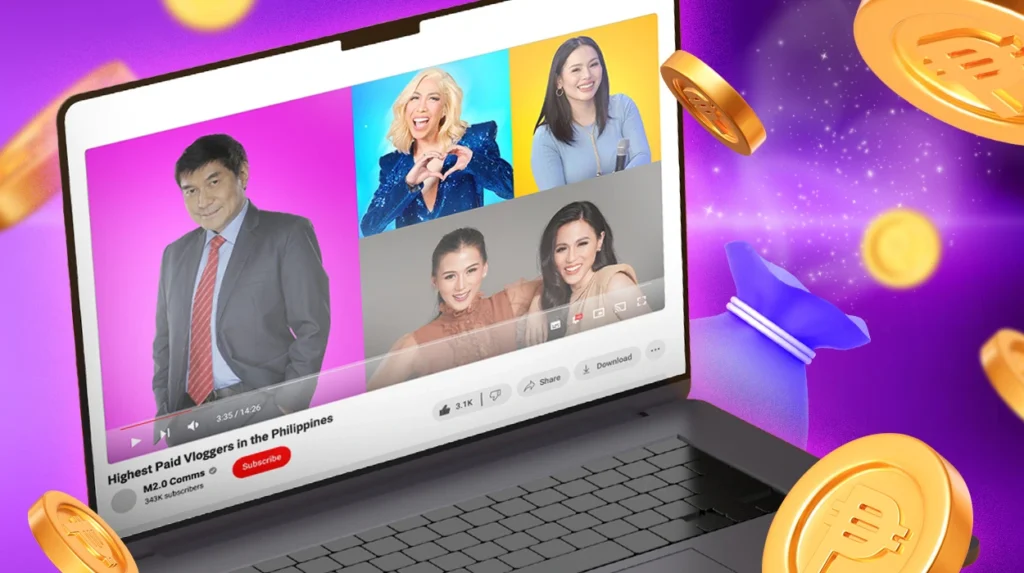 A collage of some of the featured vloggers inside a YouTube screen, with symbols of money, YouTube, etc. around them.