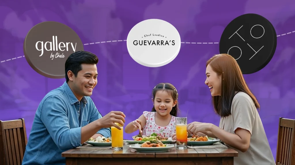 Filipino family dining at restaurant in Manila with Gallery by Chef Laudico and Guevarra's logos