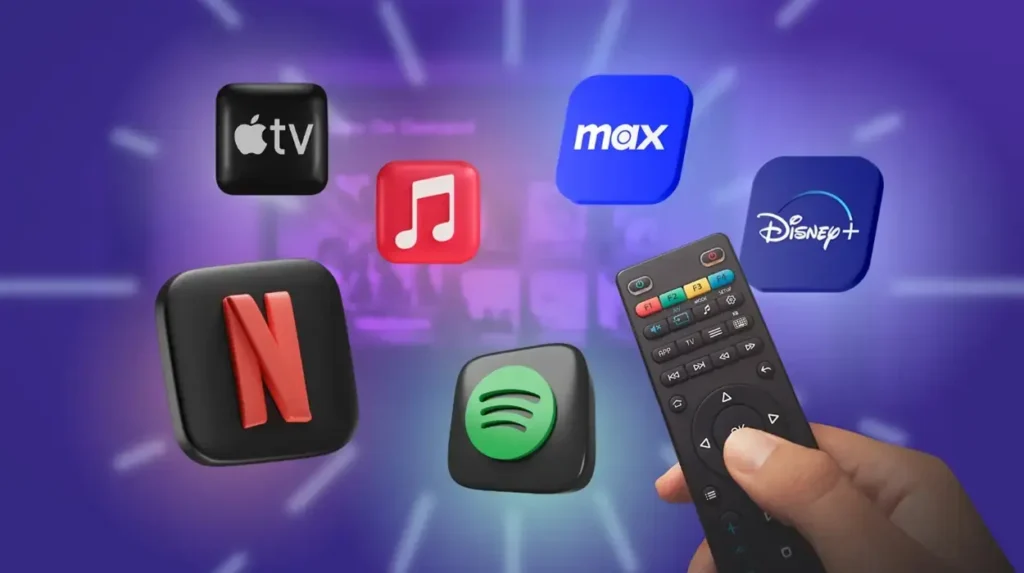 A remote control choosing from the major streaming services such as Netflix, Max, etc.