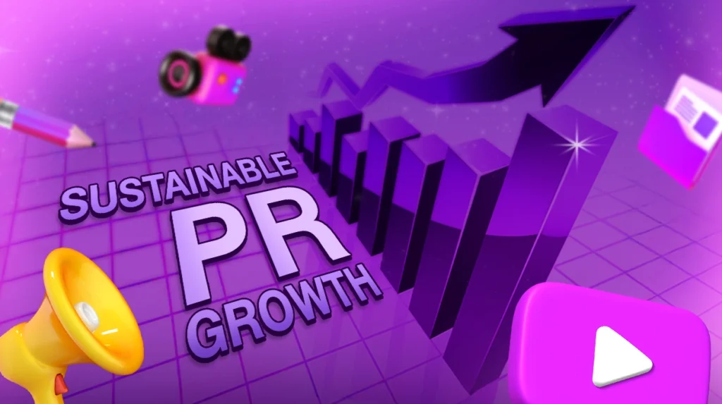 A simple graph in the center showing a steady upward line with "Sustainable PR Growth", surrounded by symbols of documents, etc.