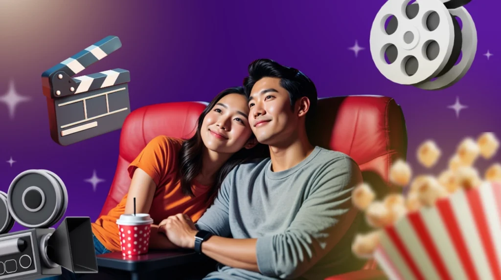 A Filipino couple watching a movie with symbols of popcorn, film reels, and a clapperboard.