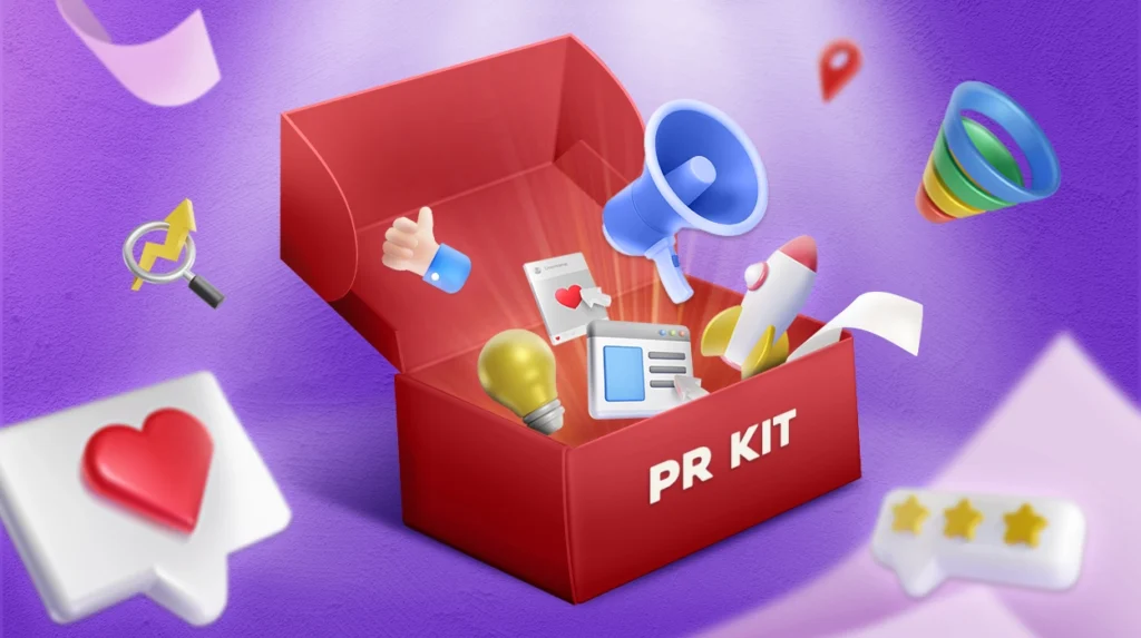 A spotlight focused on a box labeled as PR Kit, with symbols of documents, megaphones, etc popping out of it.