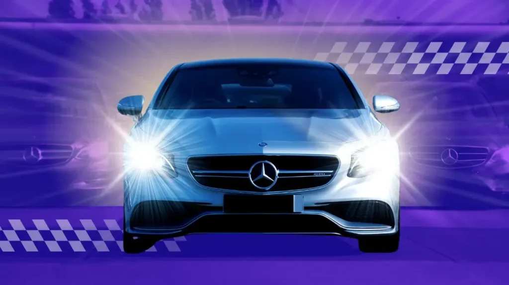 Cars with dramatic headlight beams against purple gradient background with racing checkered flag design elements