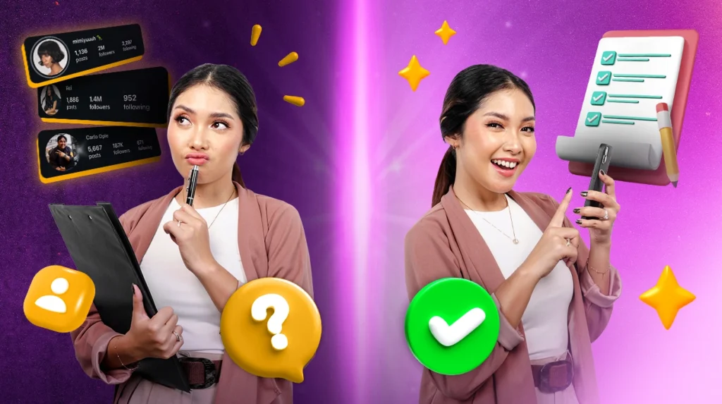 A split screen showing a confused marketing professional surrounded by influencer profiles on one side, and a confident marketing professional with a checklist icon on the other.