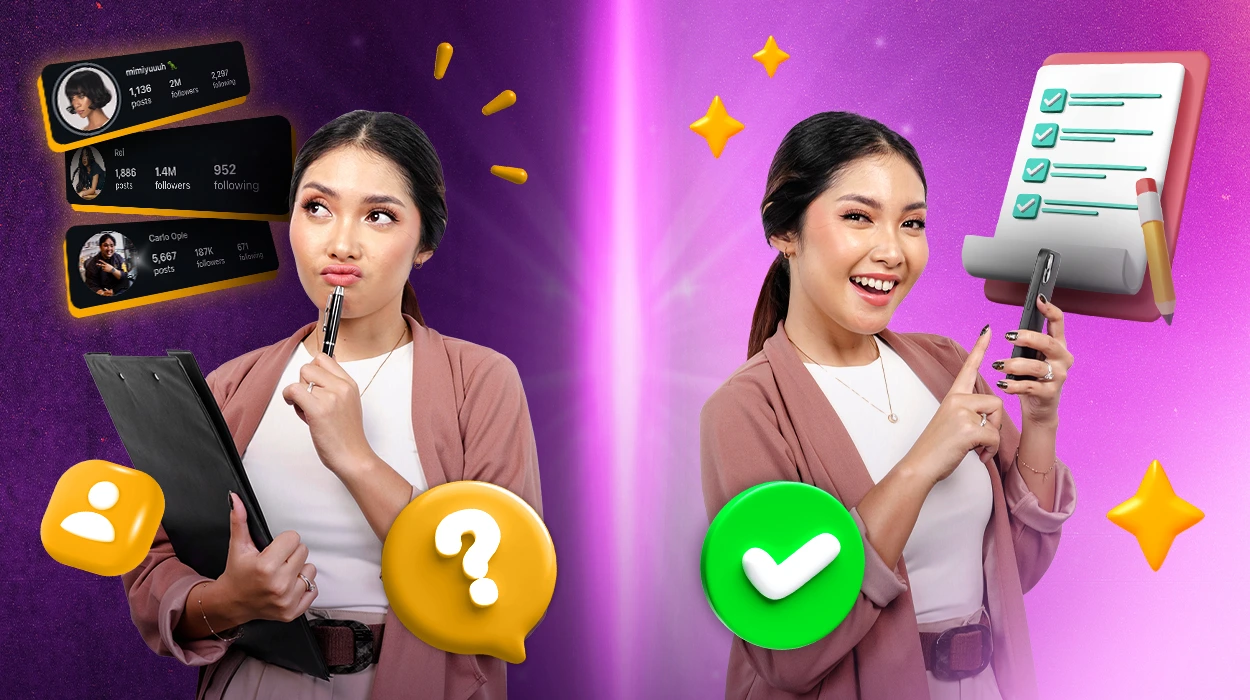 A split screen showing a confused marketing professional surrounded by influencer profiles on one side, and a confident marketing professional with a checklist icon on the other.