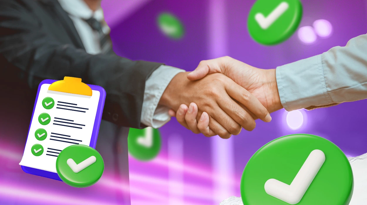 A clean checklist with green checkmarks next to a handshake between business partners.