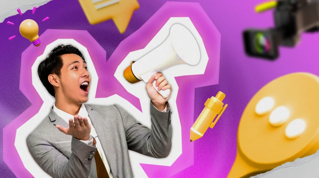 A PR professional with a megaphone, surrounded by symbols of dialogue boxes, light bulbs for ideas, etc.