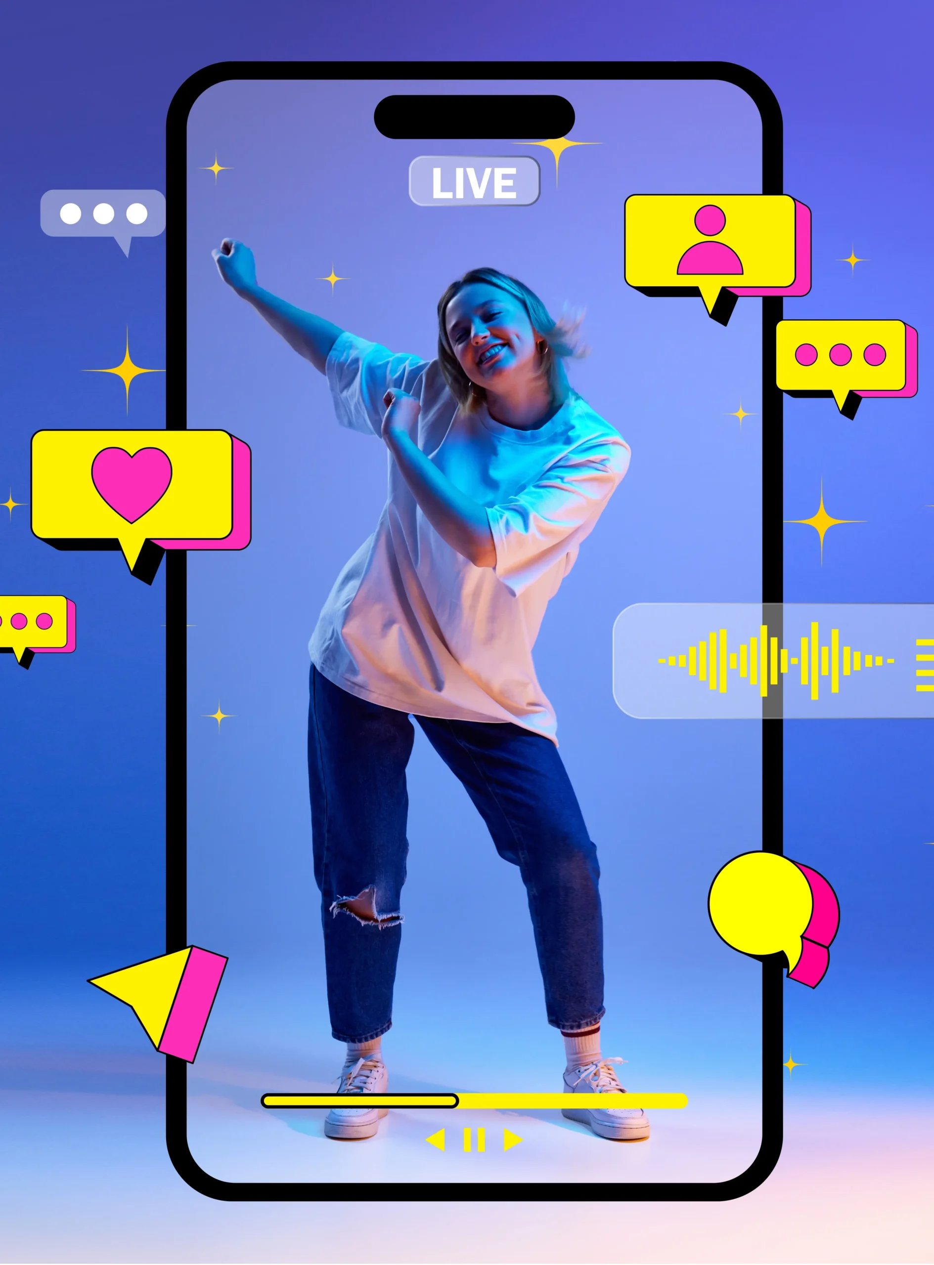 Live streaming interface showing dancer with engagement metrics, highlighting influencer management services capabilities.