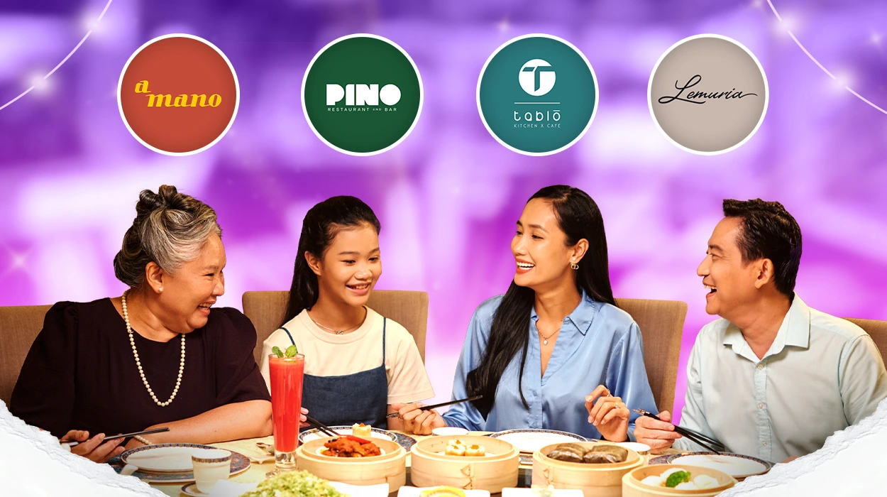 A group of Filipinos happily eating, with some of the restaurants' logos in the background.
