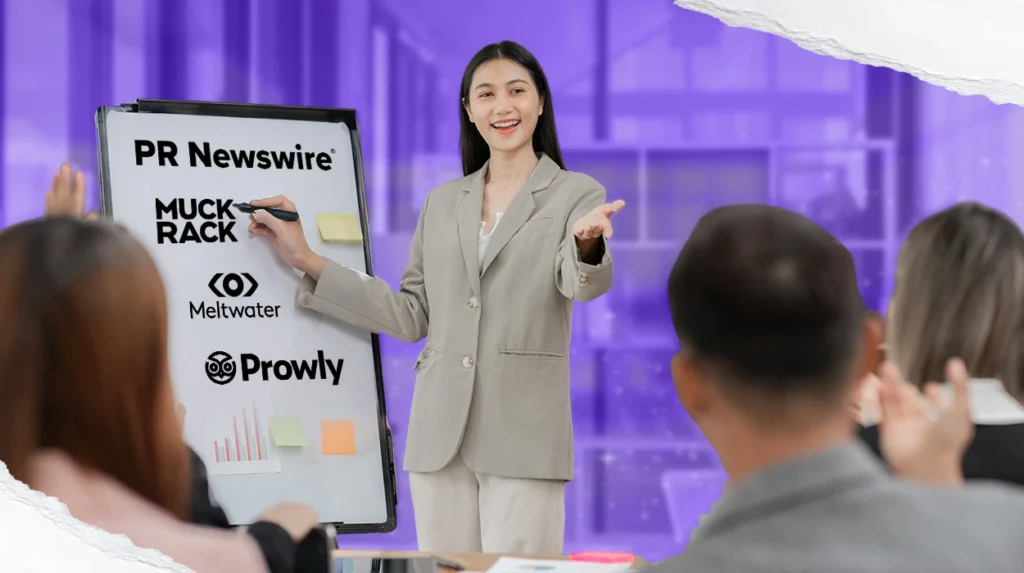 A group of professionals talking, with the logos of some mentioned PR tools.